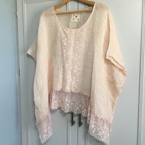 100% Linen Romantic Fairycore Shabby Chic Boho Prairie Cottage Lace OS Sheer Top